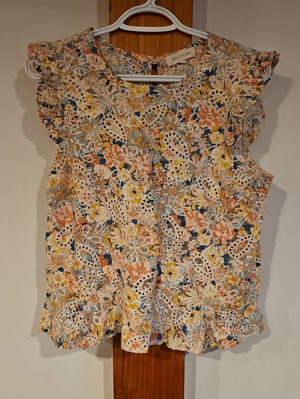 Floral Eyelet Lace Ruffle Sleeve Top - Cream, Yellow, Blue, Peach